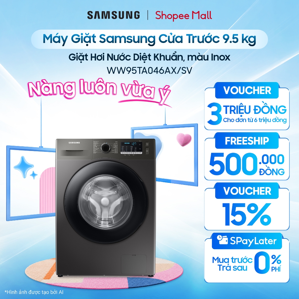 Máy Giặt Samsung Cửa Trước 9.5 kg WW95TA046AX/SV -  Giặt Hơi Nước Diệt Khuẩn, màu Inox