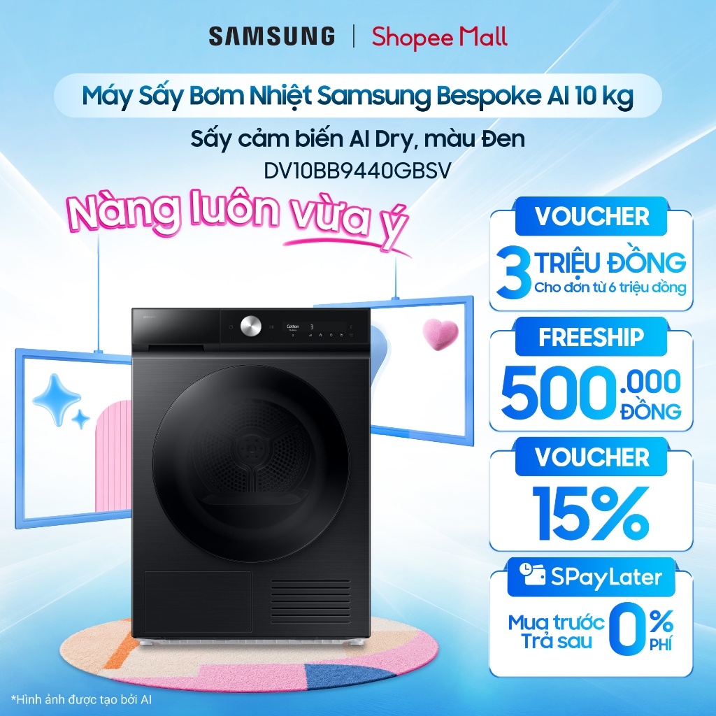 Máy Sấy Bơm Nhiệt Samsung Bespoke AI 10 kg DV10BB9440GBSV - Sấy cảm biến AI Dry, màu Đen