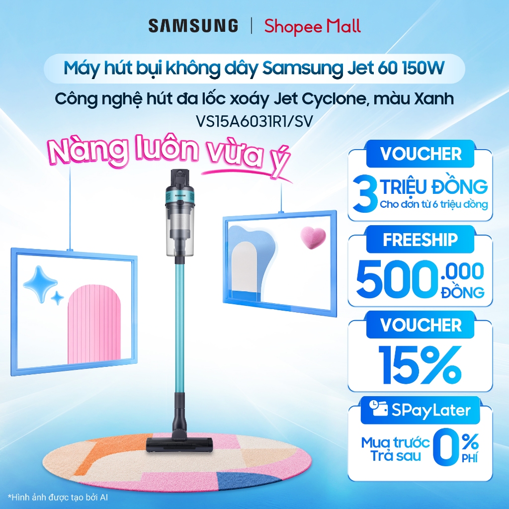 Máy hút bụi không dây Samsung Jet 60 150W VS15A6031R1 - Công nghệ hút đa lốc xoáy Jet Cyclone, màu Xanh
