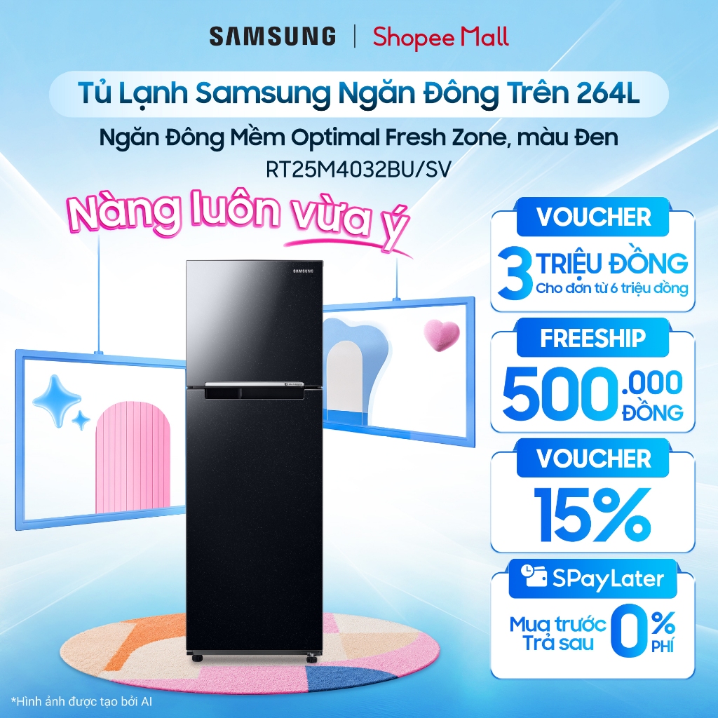 Tủ Lạnh Samsung Ngăn Đông Trên 264L RT25M4032BU/SV - Ngăn Đông Mềm Optimal Fresh Zone, màu Đen
