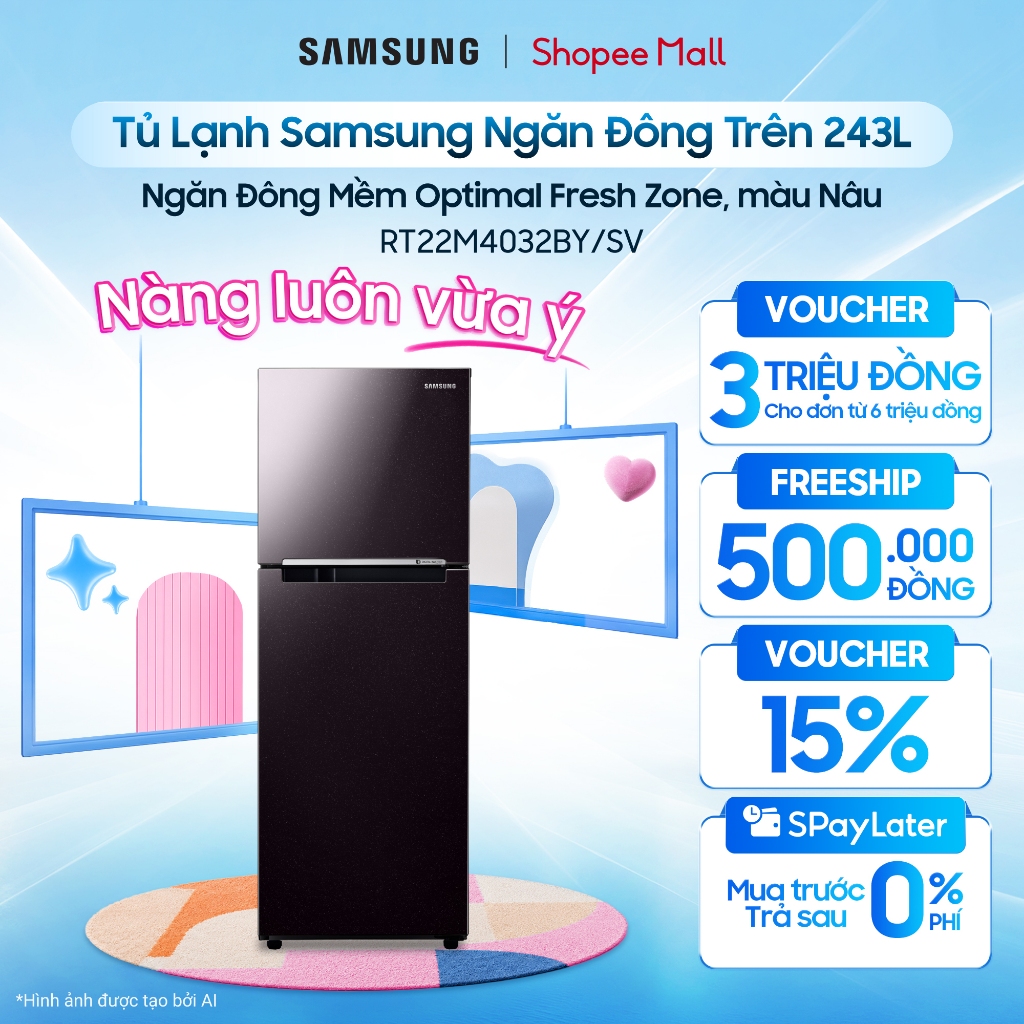 Tủ Lạnh Samsung Ngăn Đông Trên 236L RT22M4032BY/SV - Ngăn Đông Mềm Optimal Fresh Zone, màu Nâu