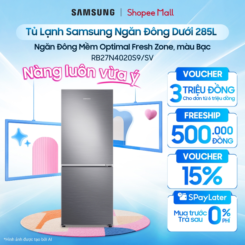 Tủ Lạnh Samsung Ngăn Đông Dưới 285L RB27N4020S9/SV - Ngăn Đông Mềm Optimal Fresh Zone, màu Bạc