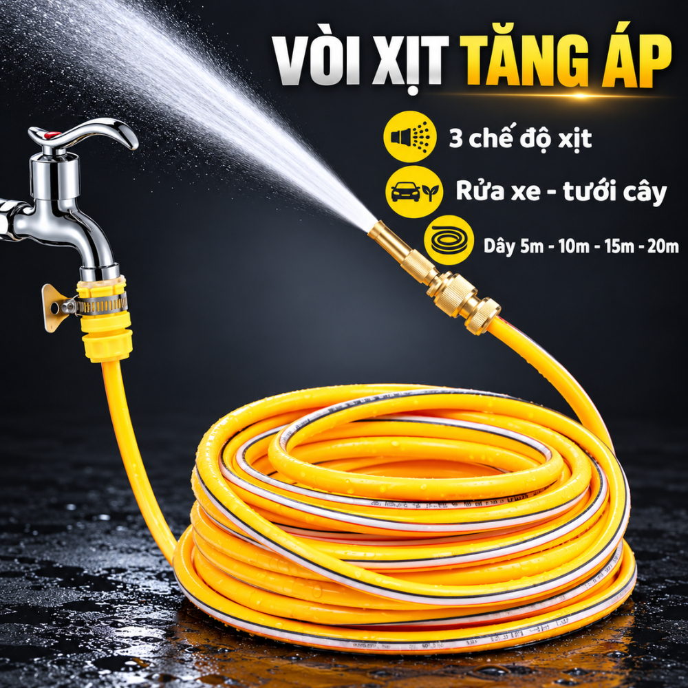 COMBO Vòi Xịt Tăng Áp Kèm Dây 5m - 10m - 15m - 20m Có 3 Chế Độ Xịt Vòi Phun Áp Suất Cao 10m, 20m