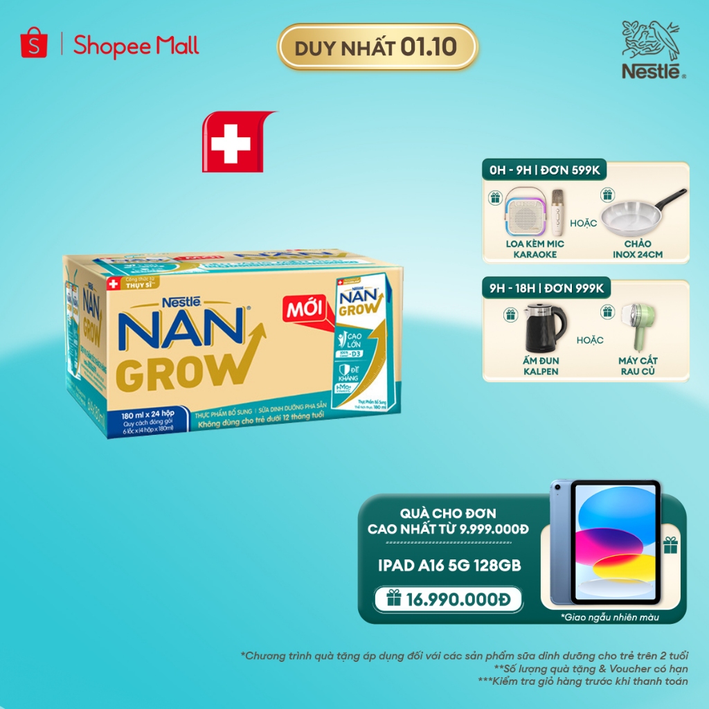 Sữa Pha Sẵn Nestlé NANGROW Cho Trẻ Từ 1 Tuổi, Công Thức Thụy Sĩ Giúp Bé Cao Lớn Vượt Trội, Thùng (24 Hộp x 180ml)