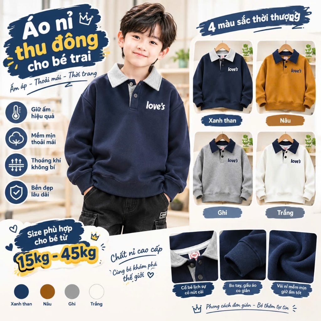 Áo DÀI TAY thu đông cho bé 18_45kg dành cho bé trai chất nỉ da cá dày dặn giữ ấm tốt mẫu ÁO POLO 1863 NL62