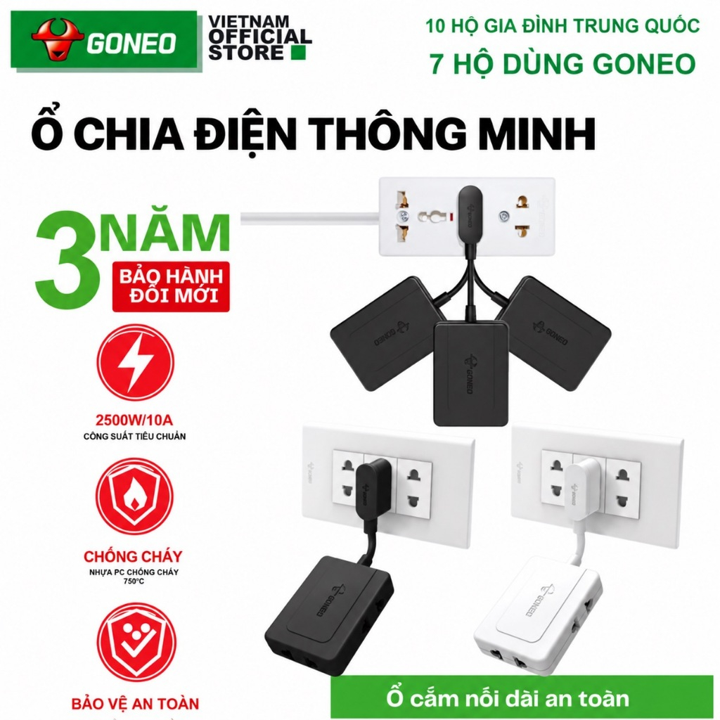 Ổ Chia Điện GONEO Z030R 2500W 10A - Chia 3 Đa Năng Siêu Gọn