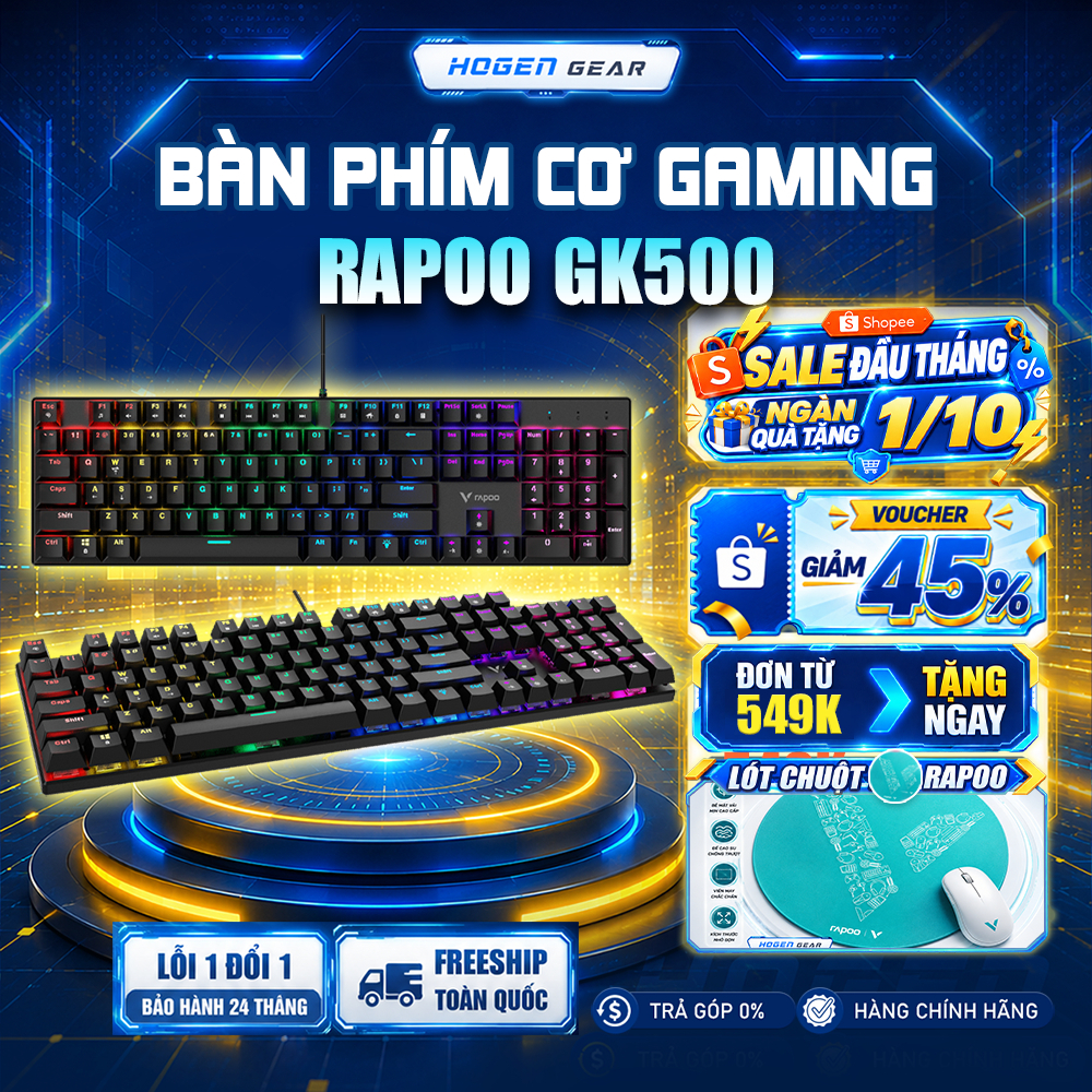 Bàn Phím Cơ Gaming Rapoo GK500 | Đèn RGB | Full Size | Chống Chàn nước | Bảo Hành 24 Tháng