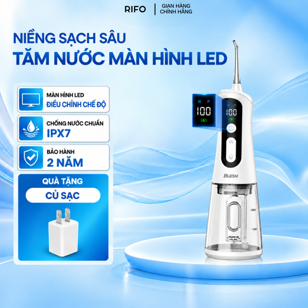 Máy tăm nước RIFO cho người niềng răng, màn hình LED 100 mức điều chỉnh, sạch sâu kẽ răng