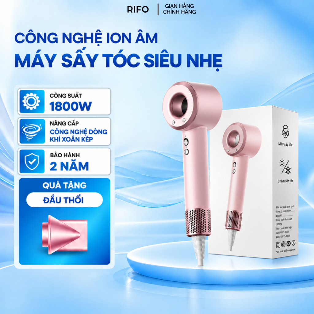 Máy sấy tóc ion âm RIFO 1800W, 2 chiều nóng lạnh tạo kiểu, bảo vệ tóc sấy nhanh hoạt động êm ái
