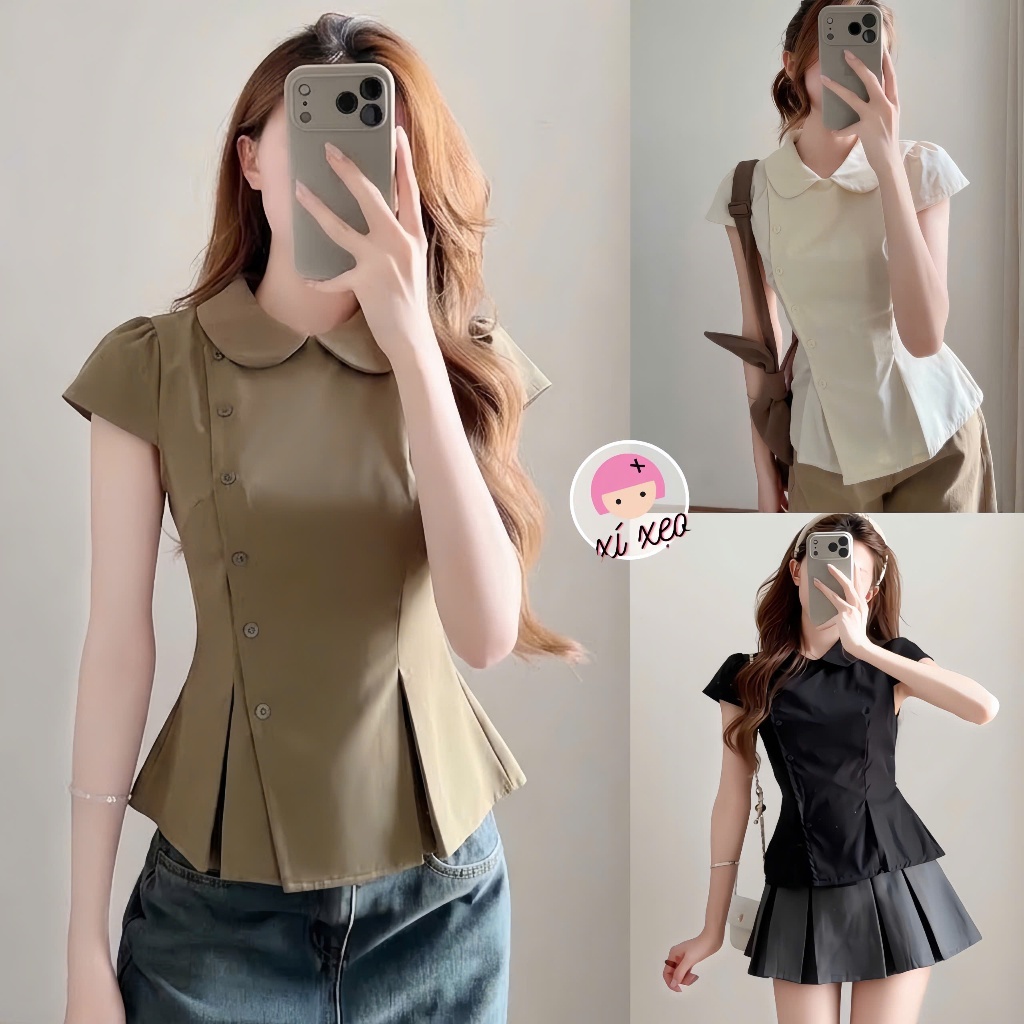 Áo sơ cổ sen XIXEOSHOP tay hến dáng ngắn vải thô phong cách hàn quốc - A56