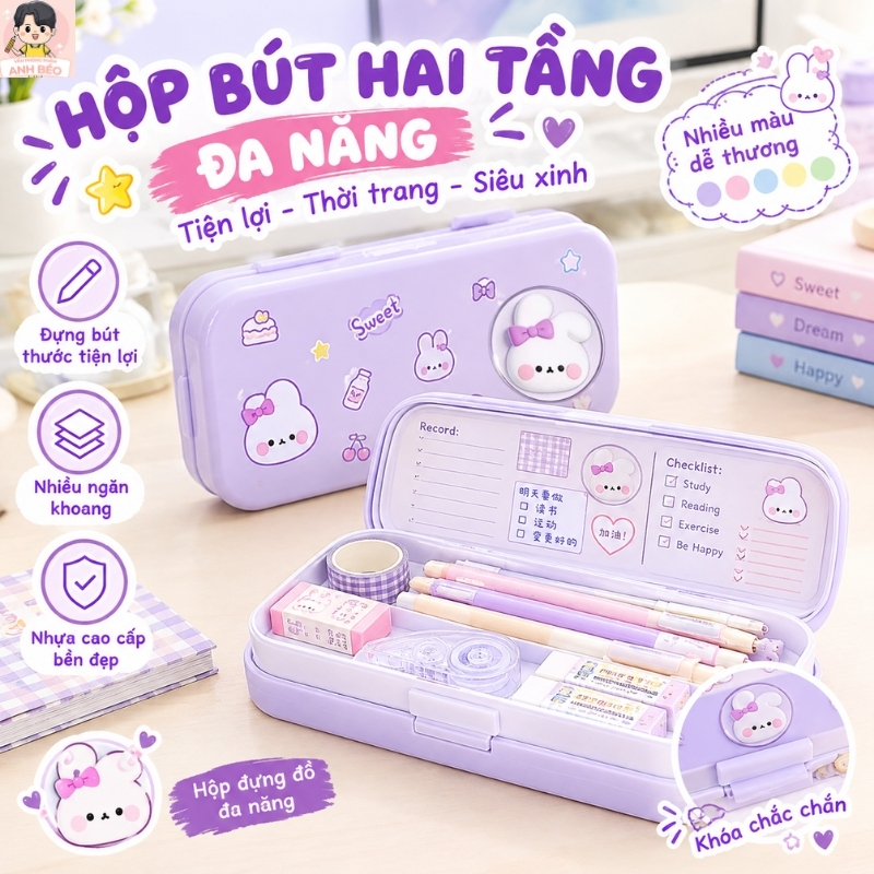 Hộp Bút Hai Tầng Họa Tiết Hoạt Hình Dễ Thương – Hộp Đựng Bút Nhiều Ngăn, Sức Chứa Lớn Cho Học Sinh