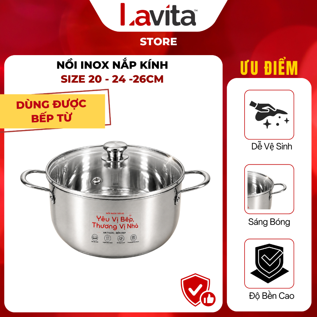 Nồi Inox Nắp Kính Cao Cấp Dùng Được Bếp Từ 20cm 24cm 26cm Dễ Vệ Sinh, Siêu Bền