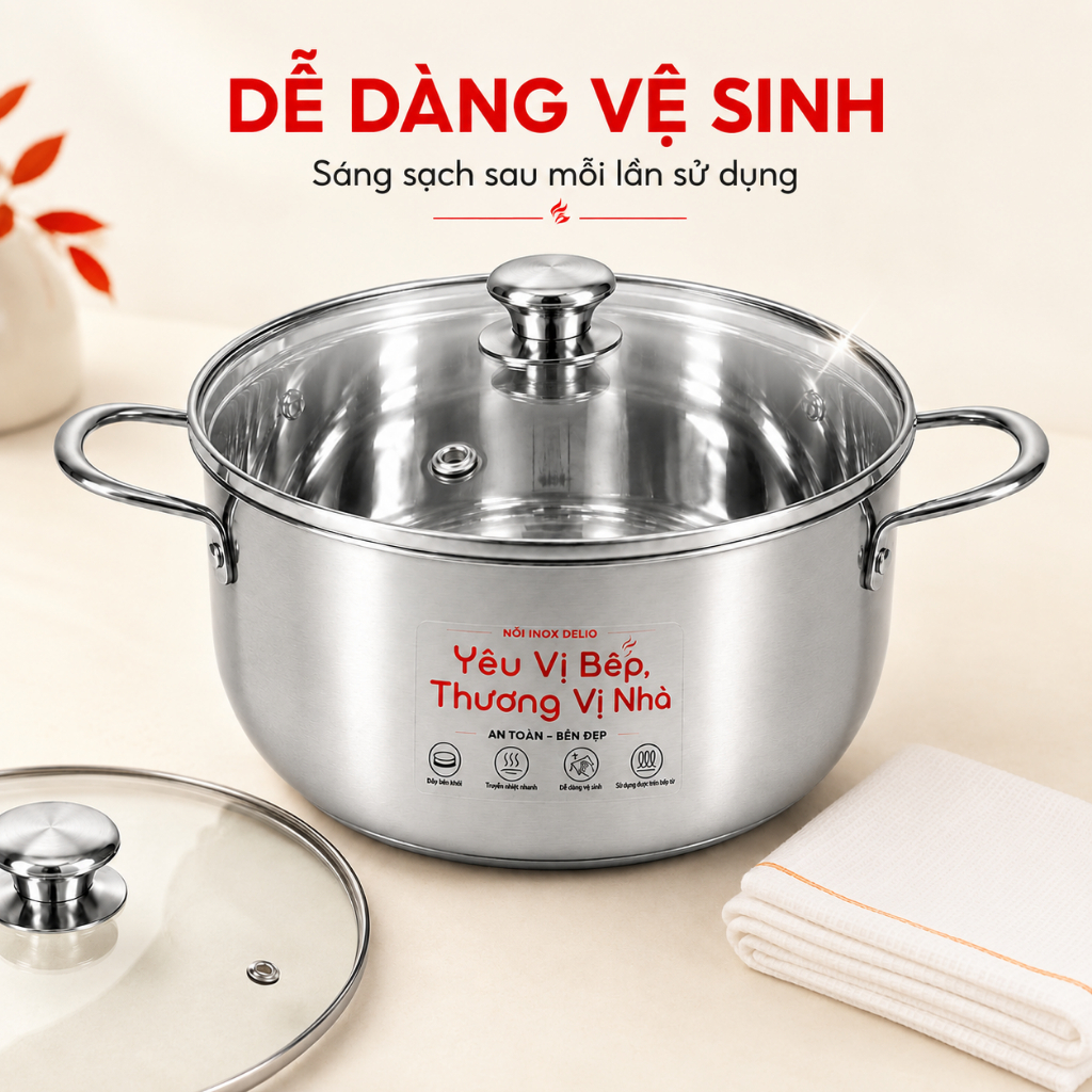 Nồi Inox Nắp Kính Cao Cấp Dùng Được Bếp Từ 20cm 24cm 26cm Dễ Vệ Sinh, Siêu Bền | BigBuy360 - bigbuy360.vn