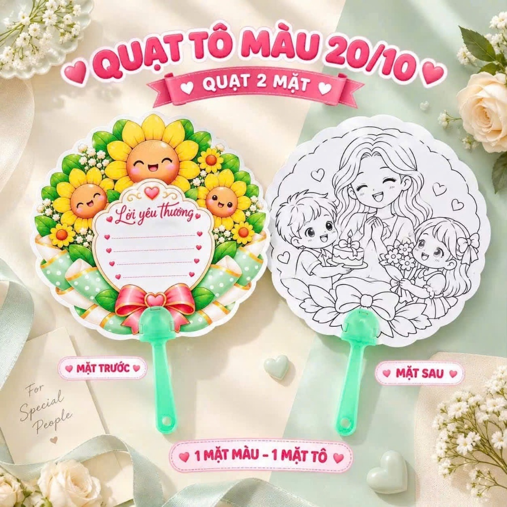 Combo 10-20 Quạt cầm tay tô màu sáng tạo cho bé 20-10, quà tặng trải nghiệm cho học sinh quạt giấy cầm tay