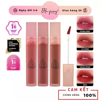 Son Kem Bóng 3CE Blur Water Tint Màu Sepia, Play Off, Double Wind, Laydown, Casual Affair, Pink Guava