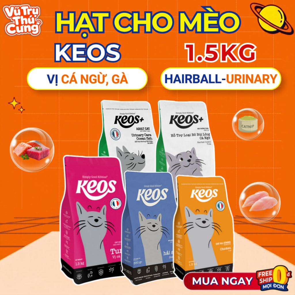 (1.5Kg) Thức Ăn Hạt Cho Mèo Keos Giúp Tiêu Búi Lông, Tiết Niệu