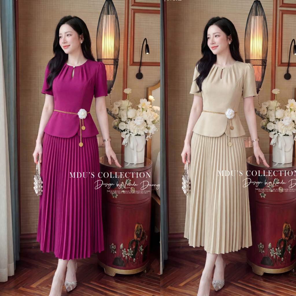 Váy Thiết Kế ADELA DESIGN Gold Hàn Cao Cấp Peplum Chiết Eo Dập Ly BST MDU6628