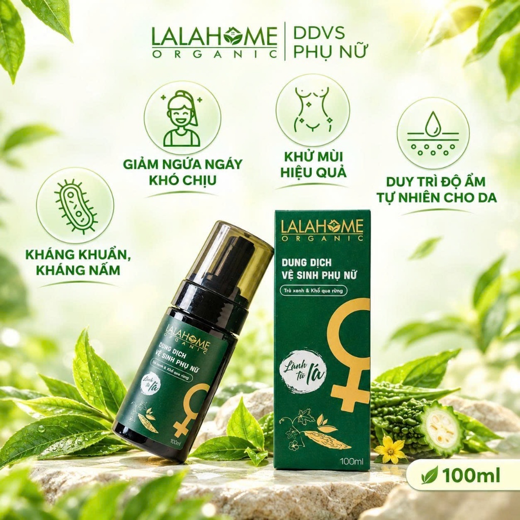 Dung dịch vệ sinh phụ nữ LALAHOME ORGANIC, dạng bọt, tinh chất Trà Xanh, Khổ Qua Rừng - An toàn, thiên nhiên - 100ml