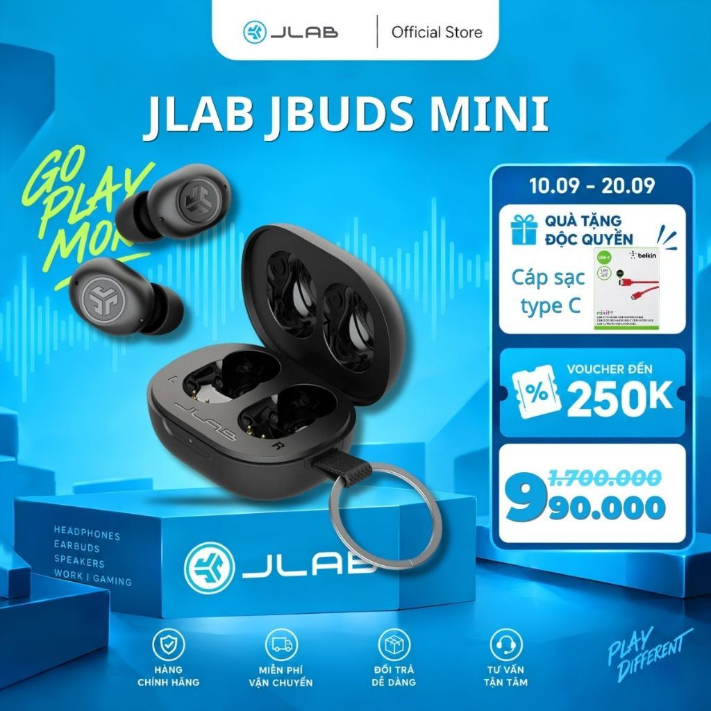 Tai Nghe Bluetooth JLab JBuds Mini True Wireless - Siêu Nhỏ Gọn, Nhét Tai, Pin 20H, Móc Khóa Tiện Lợi Chính Hãng