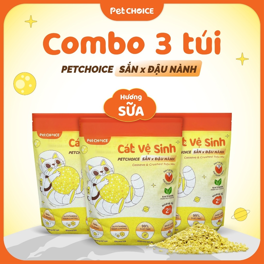 COMBO Cát SẮN mix Đậu nành PetChoice túi 2kg, cát vệ sinh cho mèo không bụi, vón tốt, khử mùi hiệu quả
