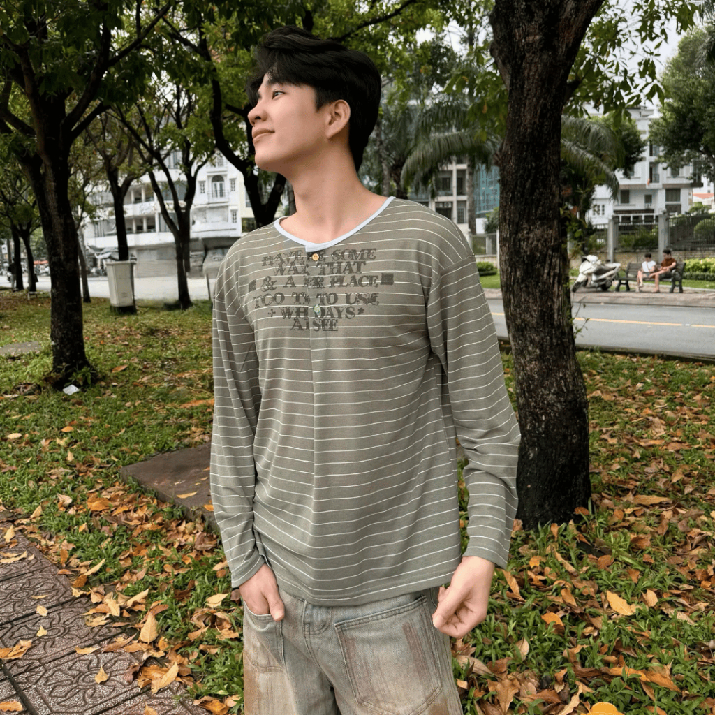 Áo Thun Giấy Sọc Tay Dài Phối Cúc Cổ Viền Free Size Form Rộng Thoáng Mát Unisex Nam Nữ SSSTORE.Aesthetic TEE 12 | BigBuy360 - bigbuy360.vn