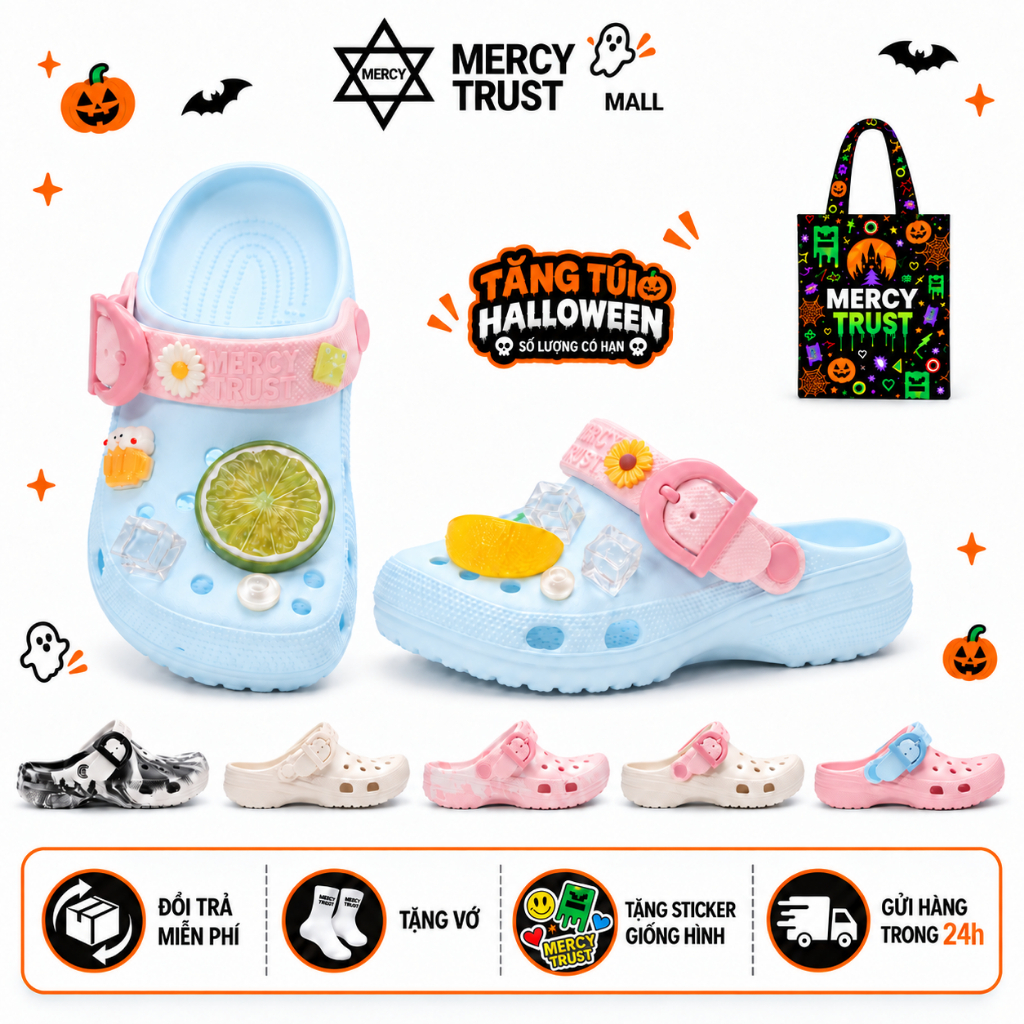 [TẶNG TÚI HALLOWEEN] Kèm Sticker Giống Hình, Vớ - Dép Sục MERCY TRUST Basic MC15 YH MIX – Dép Nam Nữ Xinh Xắn, Êm Nhẹ
