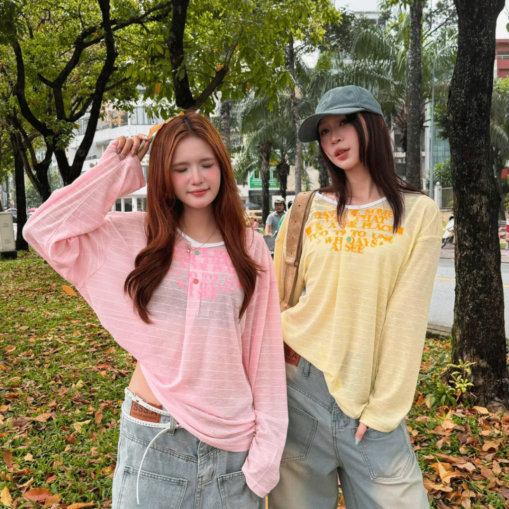 Áo Thun Giấy Sọc Tay Dài Phối Cúc Cổ Viền Free Size Form Rộng Thoáng Mát Unisex Nam Nữ SSSTORE.Aesthetic TEE 12 | BigBuy360 - bigbuy360.vn