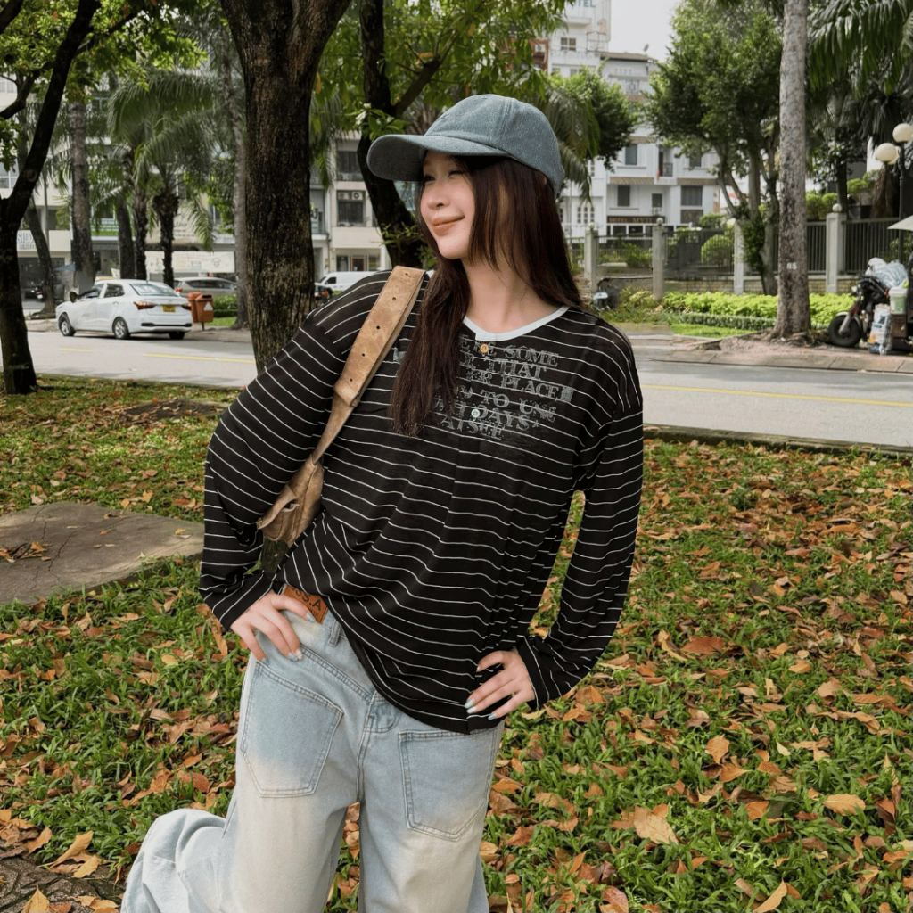 Áo Thun Giấy Sọc Tay Dài Phối Cúc Cổ Viền Free Size Form Rộng Thoáng Mát Unisex Nam Nữ SSSTORE.Aesthetic TEE 12 | BigBuy360 - bigbuy360.vn