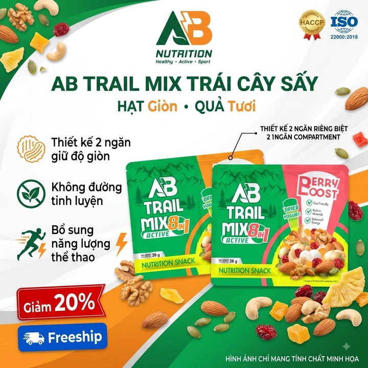 Hạt Dinh Dưỡng Trail Mix 2 Ngăn Trái Cây Sấy Sữa Chua Sấy 5 Loại Hạt Ăn Vặt Chạy Bộ Chạy Trail - AB Trail Mix Gói 28g