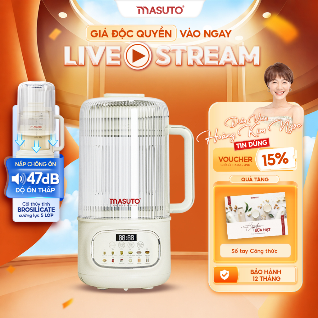 Máy Làm Sữa Hạt Masuto | Dung Tích Lớn, Trợ Lý Giọng Nói, Cối Thủy Tinh Cường Lực Cao Cấp. 12 Chế Độ, Xay Hạt Nhuyễn Mịn