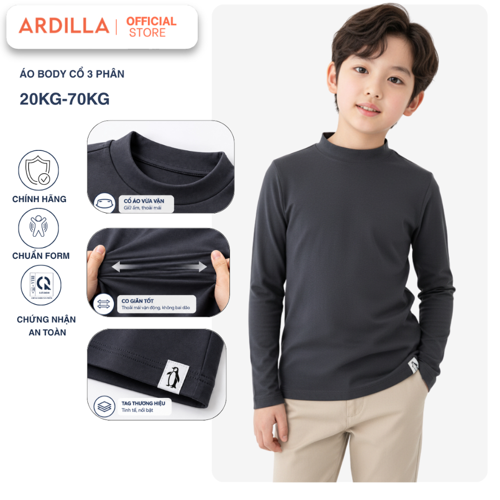 [20kg-65kg] Áo Body Cổ 3 Phân  Bé Trai ARDILLA Thiết Kế Cổ Tròn, Tay Dài Vải Mềm Nhẹ Giữ Ấm Tốt Cho Bé KE3804/TE3805