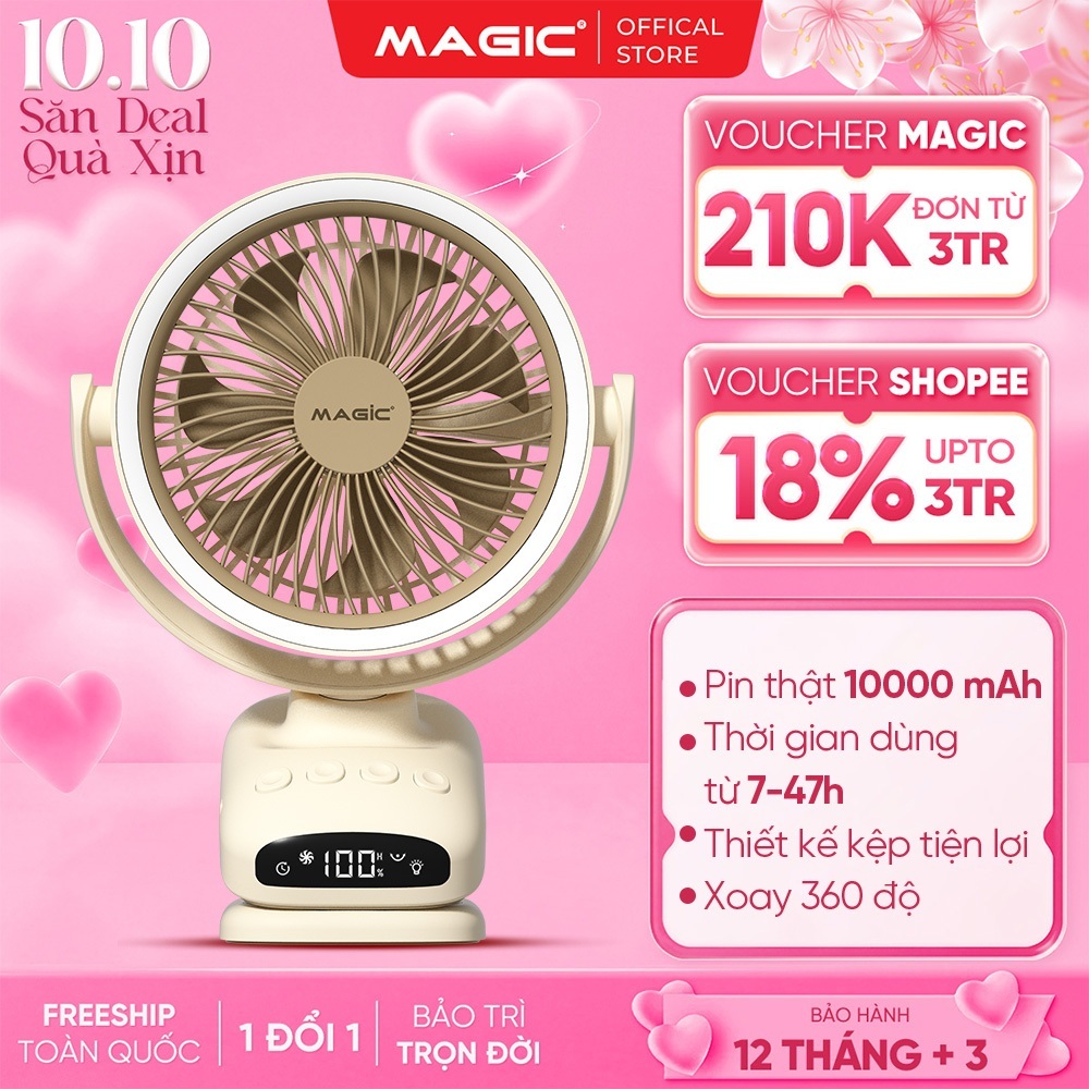 Quạt Kẹp Bàn Magic A-004 Pro Max, Pin 10000mAh, Xoay 360 độ, 5 Tốc Độ Gió Dùng 7-47 Giờ, BH 12 Tháng