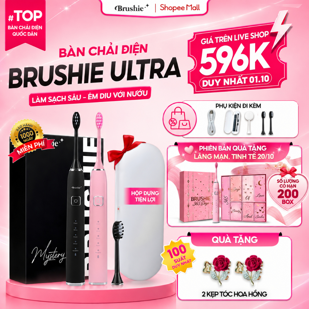 [GIÁ 540K LIVE SHOP] Bàn Chải Điện Brushie Ultra One Lông Mềm Mại, Tích Hợp Máy Rửa Mặt, Set Quà Tặng Cho Nữ 20/10, LIS