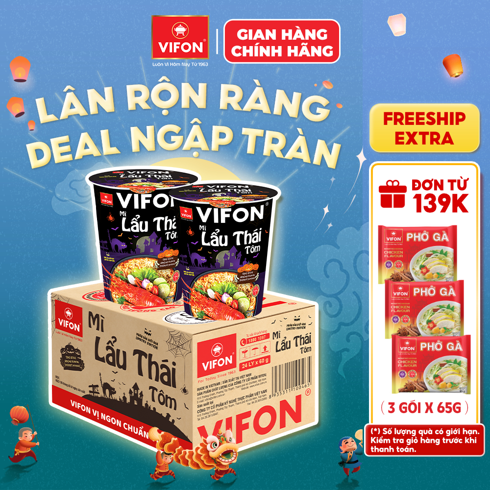 [Combo Halloween] Thùng 24 Ly Mì VIFON 60g Đa Dạng Hương Vị (Lẩu Thái/Bò/Gà/Chay) Thơm Ngon Tiện Lợi