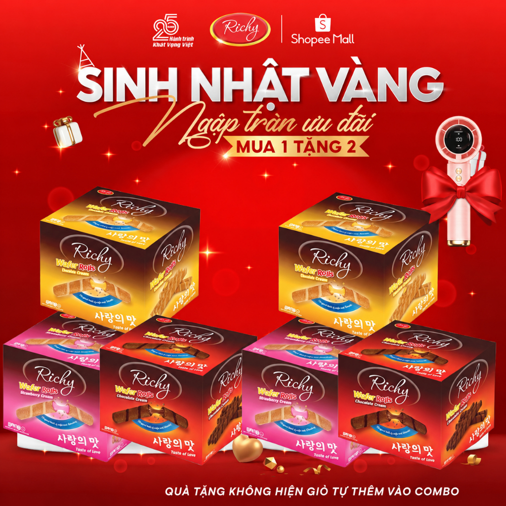 [Mua 1 Tặng 2] Bánh quế Richy 352g 16 Gói – Bánh Quy Hộp Giấy Richy Chính Hãng