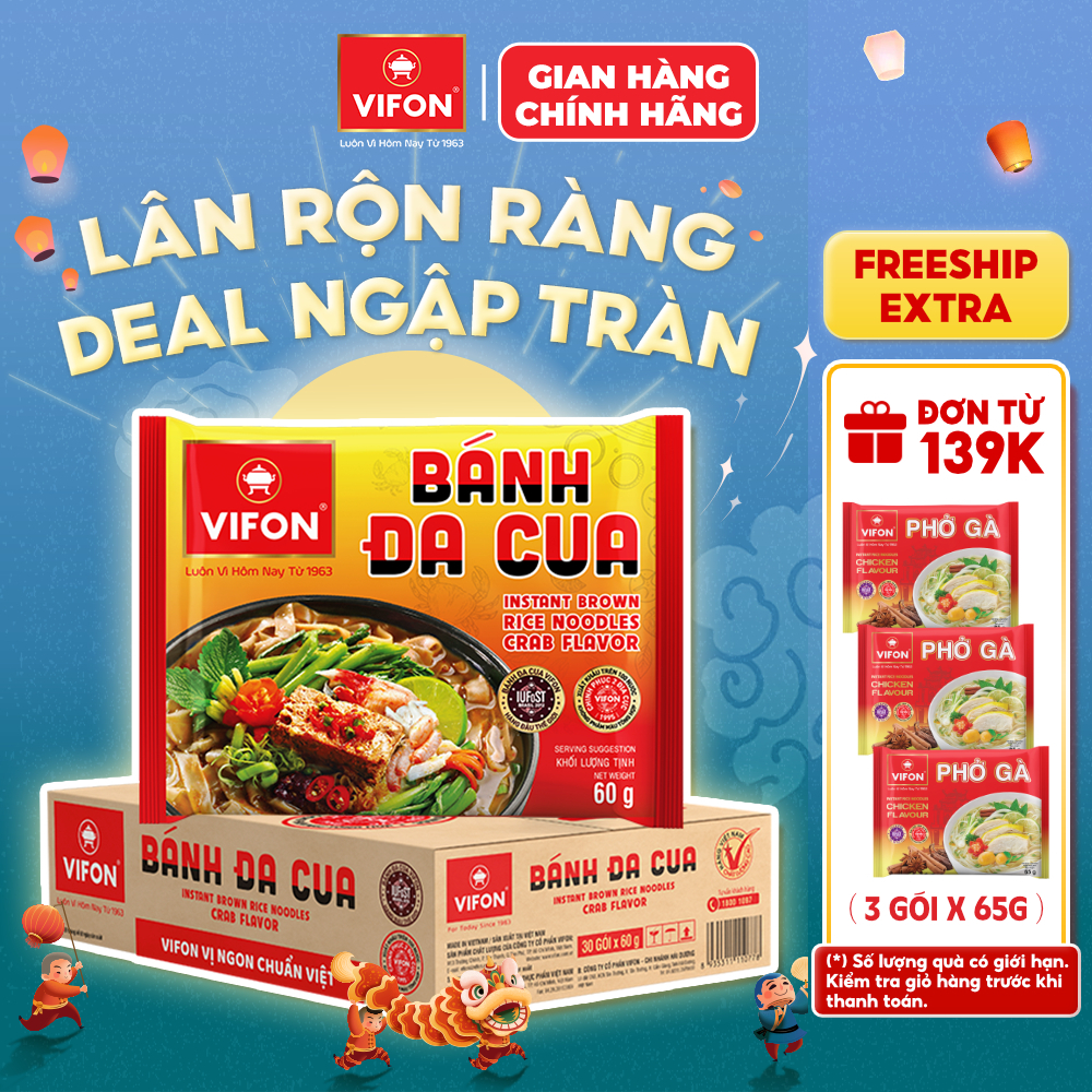 [VOUCHER HOT 10%]Thùng 30 Gói Bánh Đa Cua VIFON 60g Vị Cua Đồng Sợi Dai Đạt Giải Quốc Tế