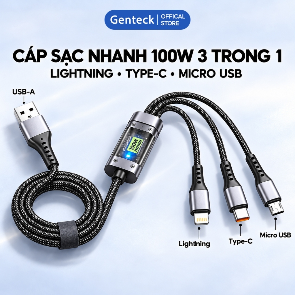 Cáp Sạc Nhanh 3in1 Tự Ngắt 100W SMTech Dây Bọc Dù Chống Gãy Tích Hợp Type-C Lightning Micro USB