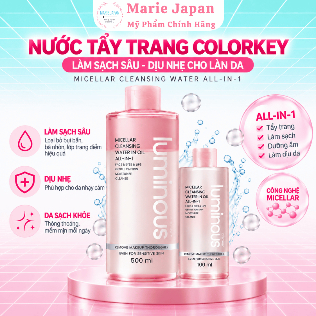 Nước Tẩy Trang Colorkey 2 Lớp Sạch Sâu Dưỡng Ẩm, Không Cay Mắt, Dịu Nhẹ Cho Mọi Loại Da Micellar Cleansing Water