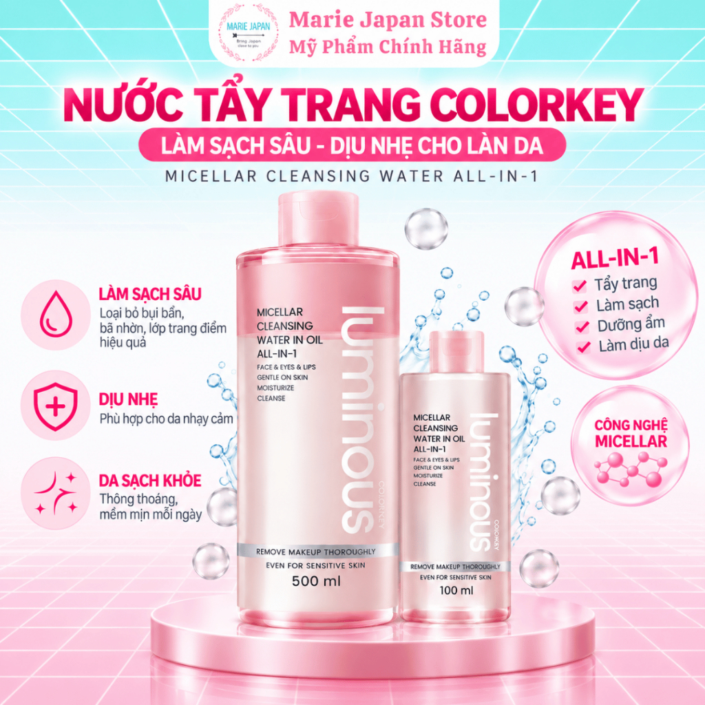 Nước Tẩy Trang Colorkey 2 Lớp Sạch Sâu Dưỡng Ẩm, Không Cay Mắt, Dịu Nhẹ Mọi Loại Da Micellar Cleansing Water-Marie Japan
