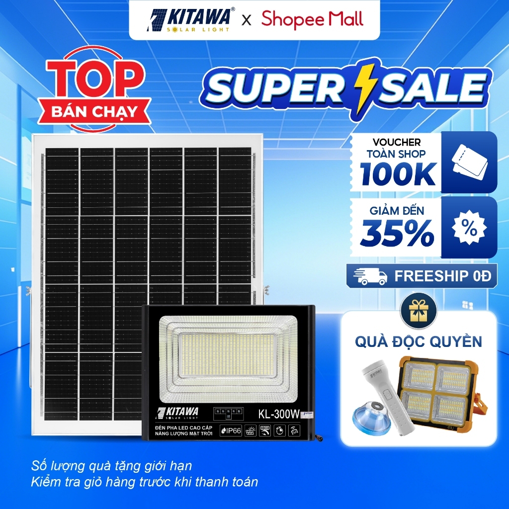 Đèn Pha Năng Lượng Mặt Trời Kitawa 300W DP1300; Bảo Hành 3 Năm; Chống Nước IP67