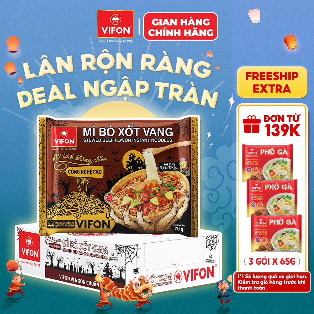 [Combo Halloween] Thùng 30 gói Mì Tươi Bò Xốt Vang/ Thịt Bằm / Tôm Chua Cay VIFON 70gr/Gói