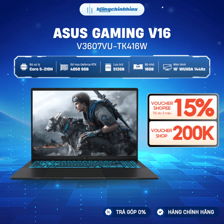 Laptop ASUS Gaming V16 V3607VU-TK416W (Core 5-210H | GeForce RTX™ 4050 6GB | 16GB | 512GB | 16' WUXGA 144Hz | Win 11)