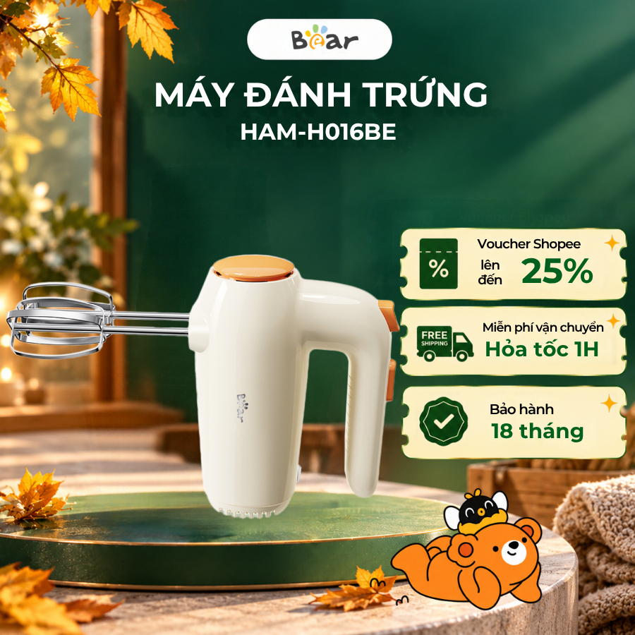 Máy đánh trứng đánh kem cầm tay Bear HAM-H016BE, 5 Chế độ, 125W, 2 que inox 304 an toàn, BH 18 Tháng