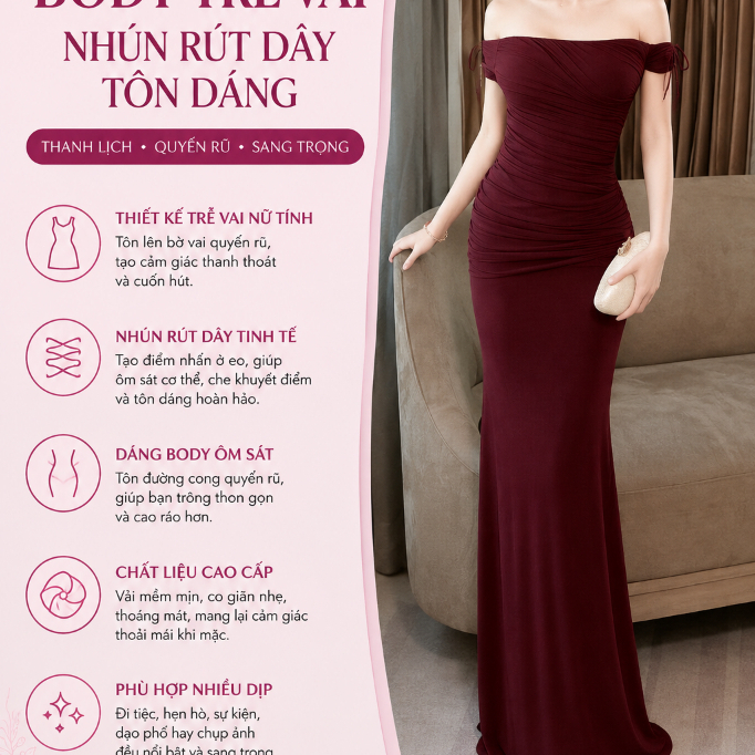 Đầm Dài Body Trễ Vai Nhún Rút Dây Tôn Dáng Quyến Rũ – Váy Nữ Dáng Dài Ôm Body Sang Trọng Dự Tiệc Hẹn Hò