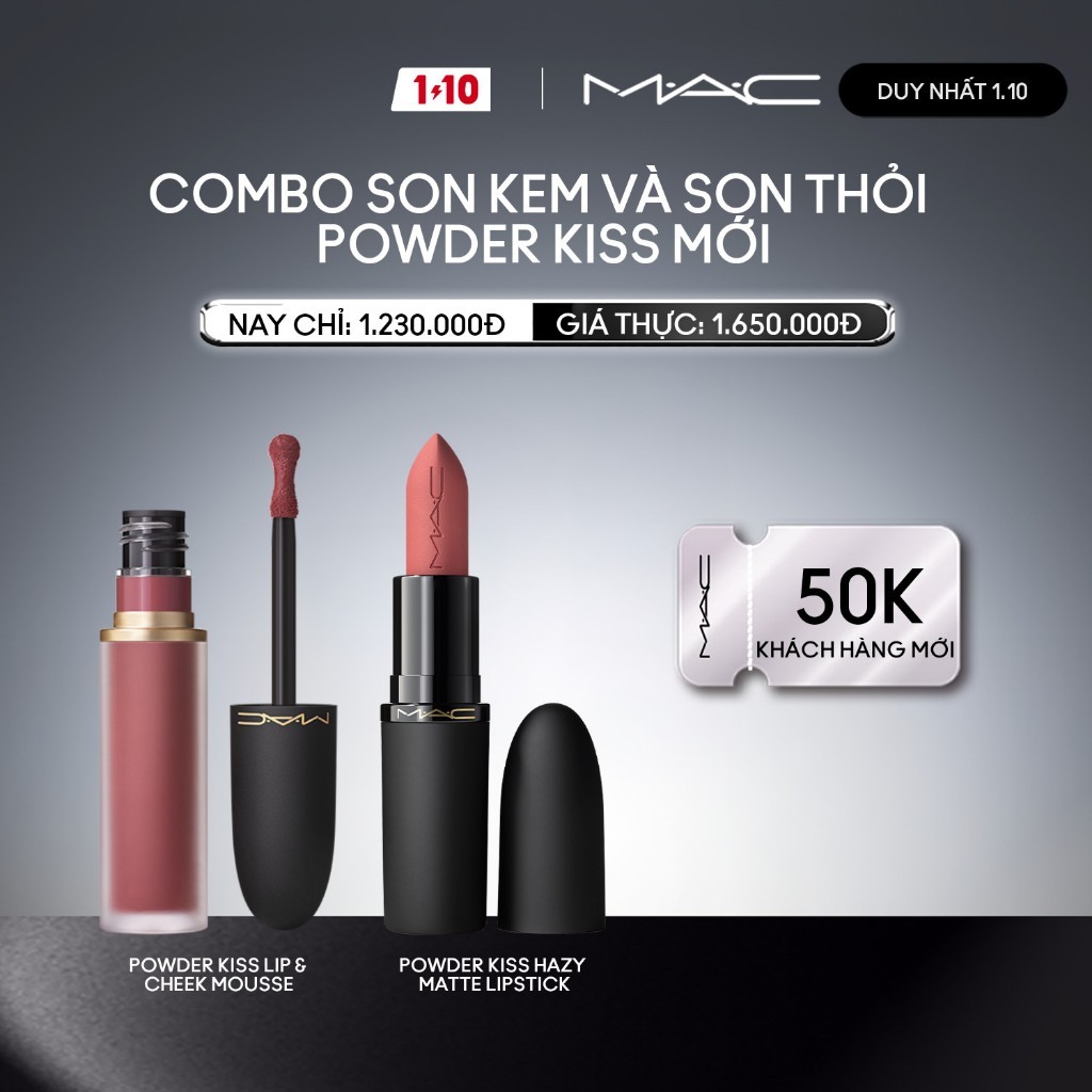 [ƯU ĐÃI 1.10] MAC - Bộ 2 món: Son kem MAC Powder Kiss Lip & Cheek Mousse, Son thỏi MAC Powder Kiss Hazy Matte Lipstick