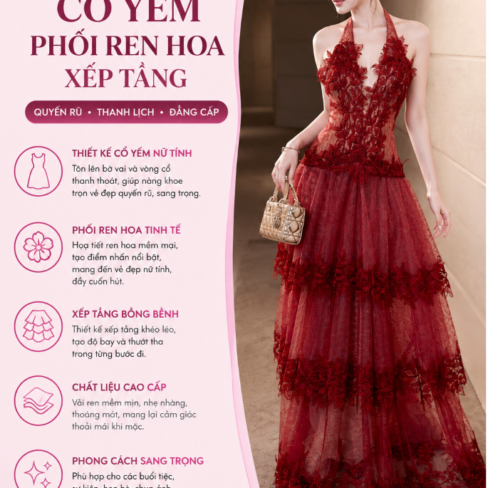 Đầm Maxi Cổ Yếm Phối Ren Hoa Xếp Tầng Dự Tiệc – Váy Nữ Dáng Dài Tiểu Thư Sang Trọng Nữ Tính Quyến Rũ