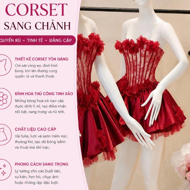 Đầm Cúp Ngực Đính Hoa Corset Sang Chảnh Công Chúa – Váy Nữ Dáng Xòe Tiểu Thư Dự Tiệc Sang Trọng Tôn Dáng