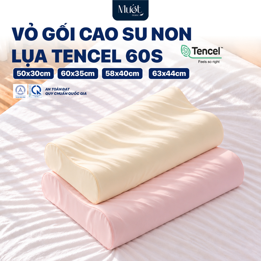 Vỏ gối cao su non Mướt Home lụa Tencel 60s trơn màu cao cấp, bao áo gối Memory Foam đầy đủ size