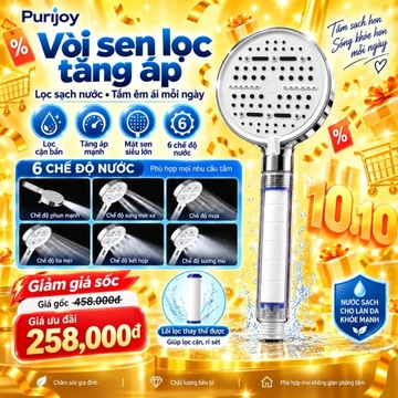 PURIJOY Vòi Sen Tăng Áp Lọc Nước 6 Chế Độ, Mặt Sen Lớn, Tia Nước Mạnh Và Êm, Lõi Lọc PP Thay Thế, Tiện Dụng Cho Cả Nhà