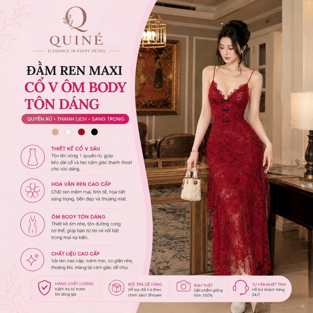 Đầm Ren Maxi Cổ V Ôm Body Tôn Dáng Sang Trọng – Váy Ren Dài Dự Tiệc Quyến Rũ Tiểu Thư Cao Cấp